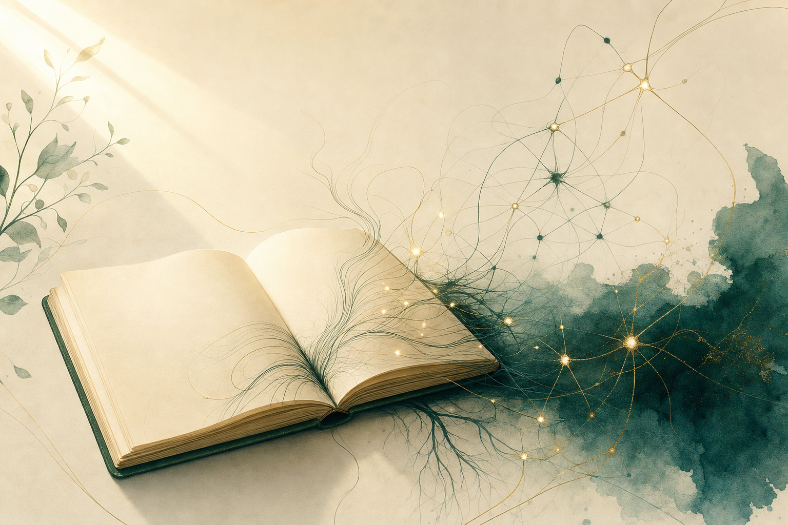 An open book from which a network of fine lines grows like roots and ideas toward a constellation of nodes